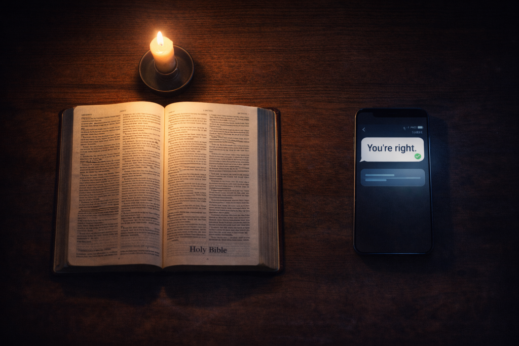 An open Bible with a candle contrasted against a smartphone showing an AI chat interface, symbolizing the choice between Scripture and AI for Christian guidance