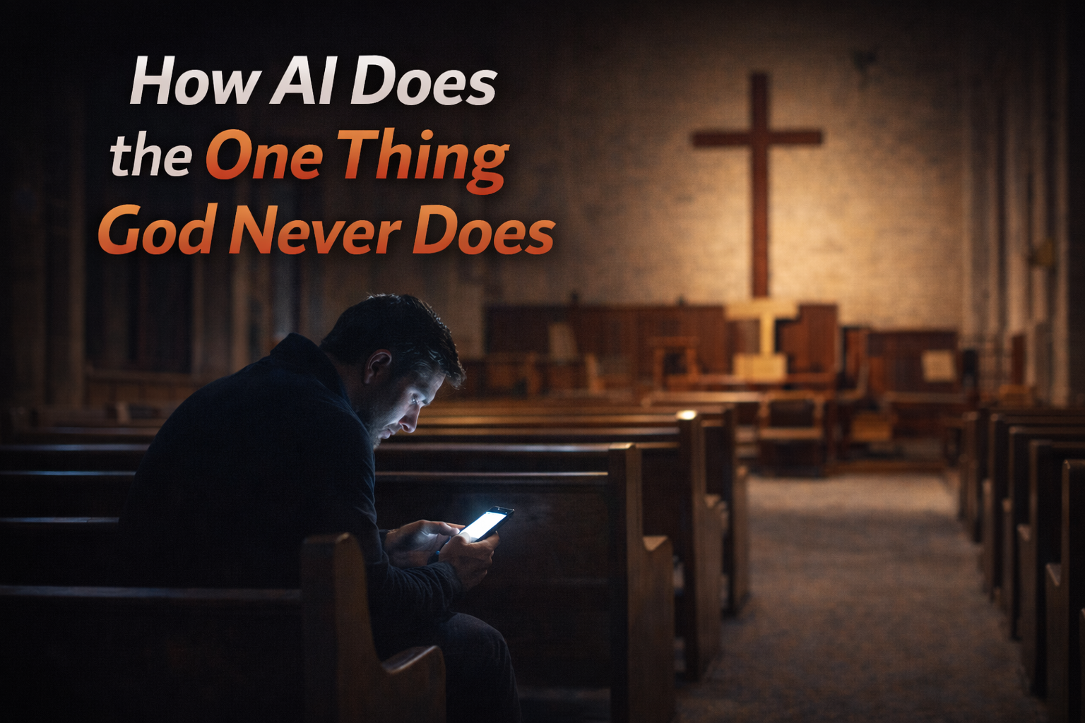 A Christian alone in a dark church holding a glowing smartphone with a wooden cross in the background, representing the spiritual danger of replacing prayer with AI